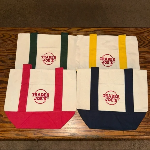 Trader Joe's Mini Canvas Tote Bag Set Of 4 Red Blue Green Yellow New - Picture 2 of 8